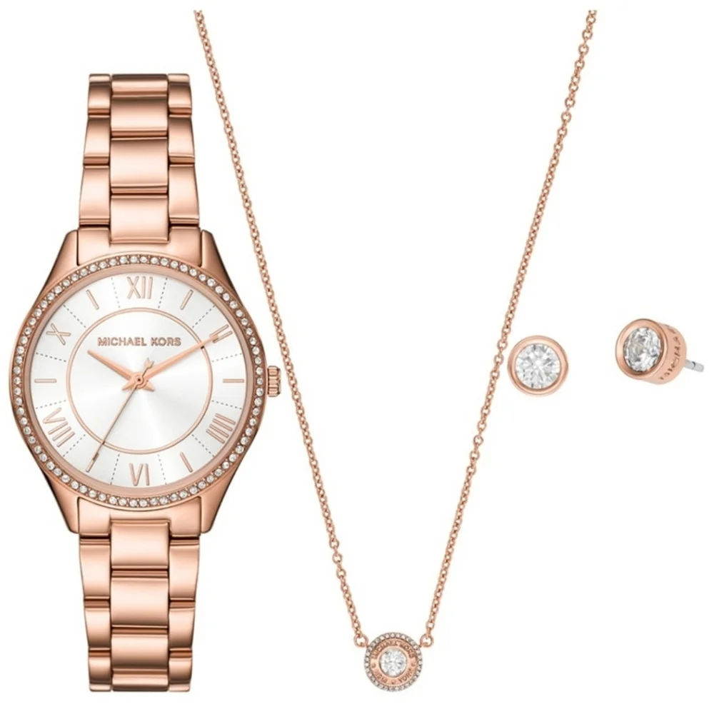 Michael Kors Lauryn Three-Hand Rose Gold Stainless Steel Watch Earring Necklace